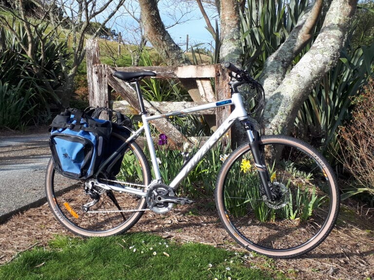 Gravel/adventure bike with pannier bags - perfect for The Great Taste Trail