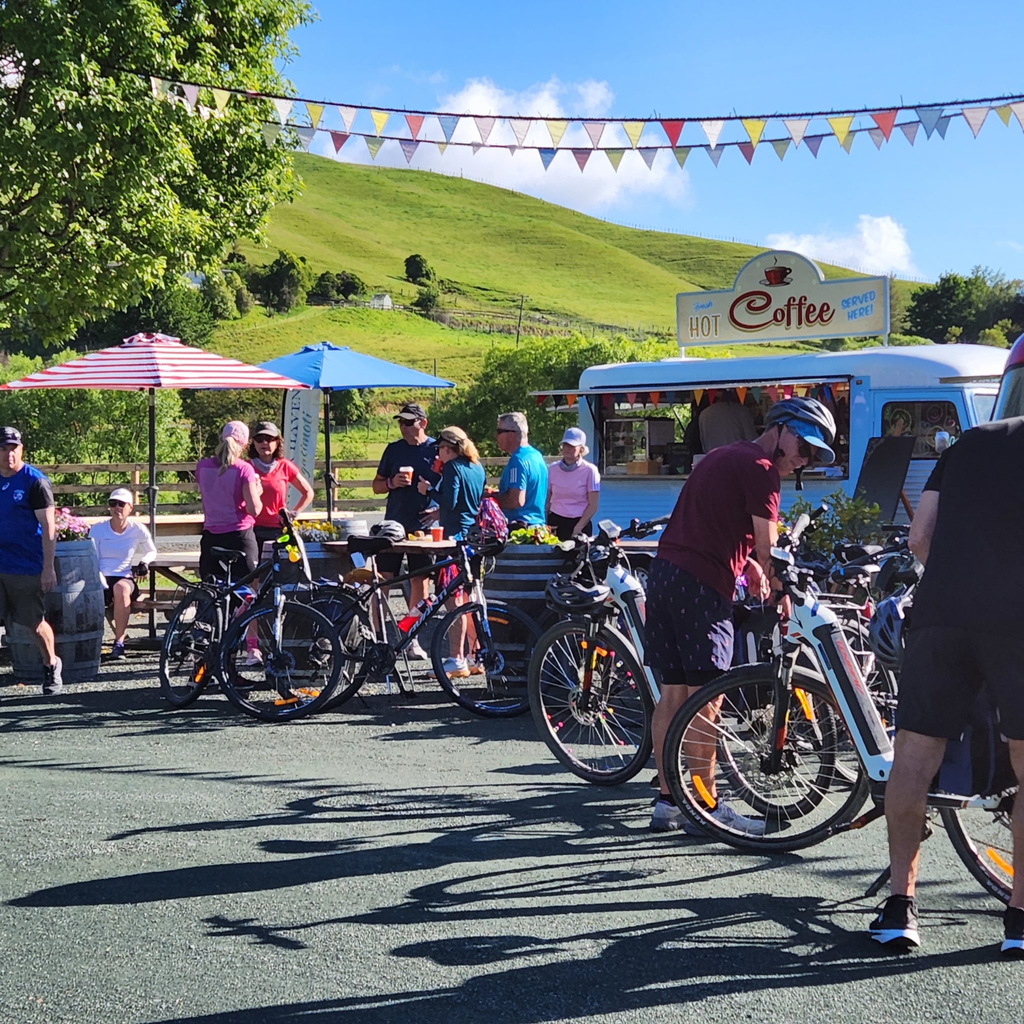 Cyclists at River Haven coffee cart